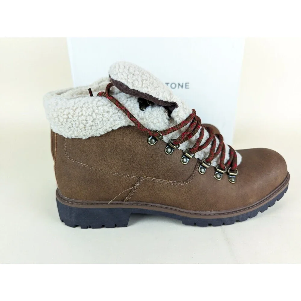 Sun Stone Glenn Winter Boots Mens 12 M Brown Faux Fur Trimmed Lace Up Shoes NWB